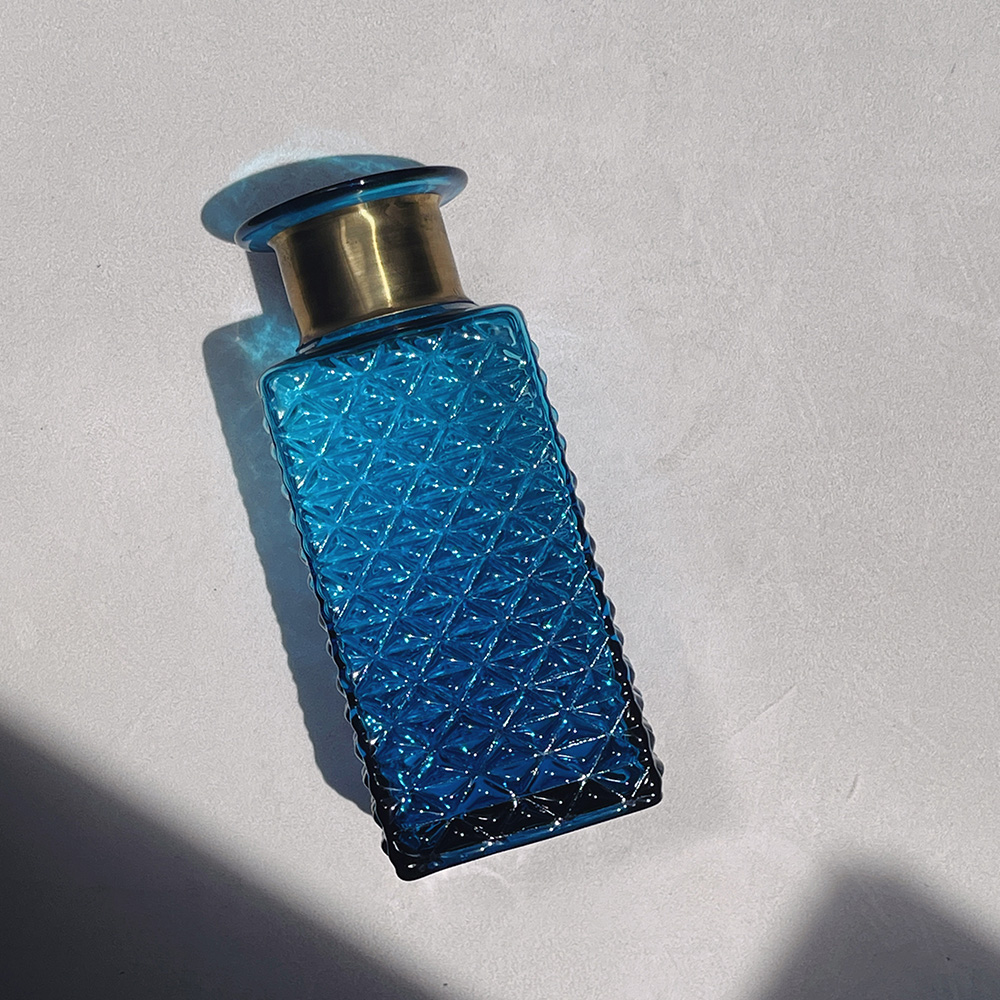 SQUARE QUILTED AQUA BLUE GLASS BOTTLE WITH BRASS BAND Vase