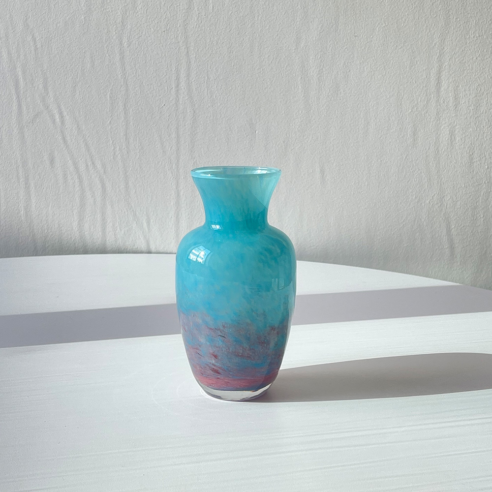 France Light Blue &amp; Pink Hand Blown Glass Vase 1960s