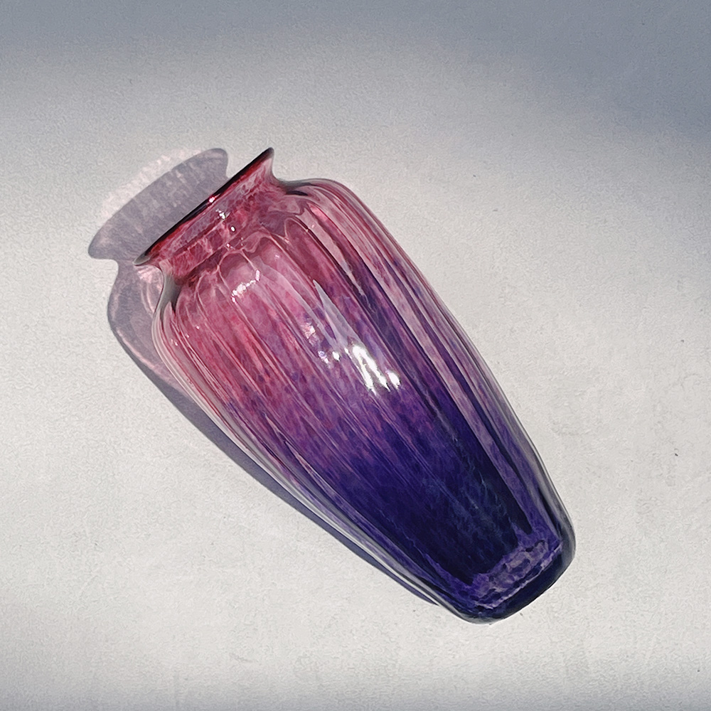 Christopher Belleau Glass Pink to Purple Ombre Speckled Ribbed Vase